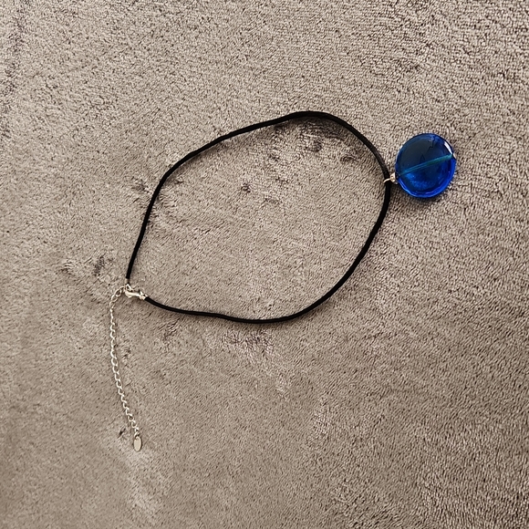 Jewelry - Blue Glass Oval w 8" Drop Black Chord, Extension, Made in Itlay w5 Rhinestones
